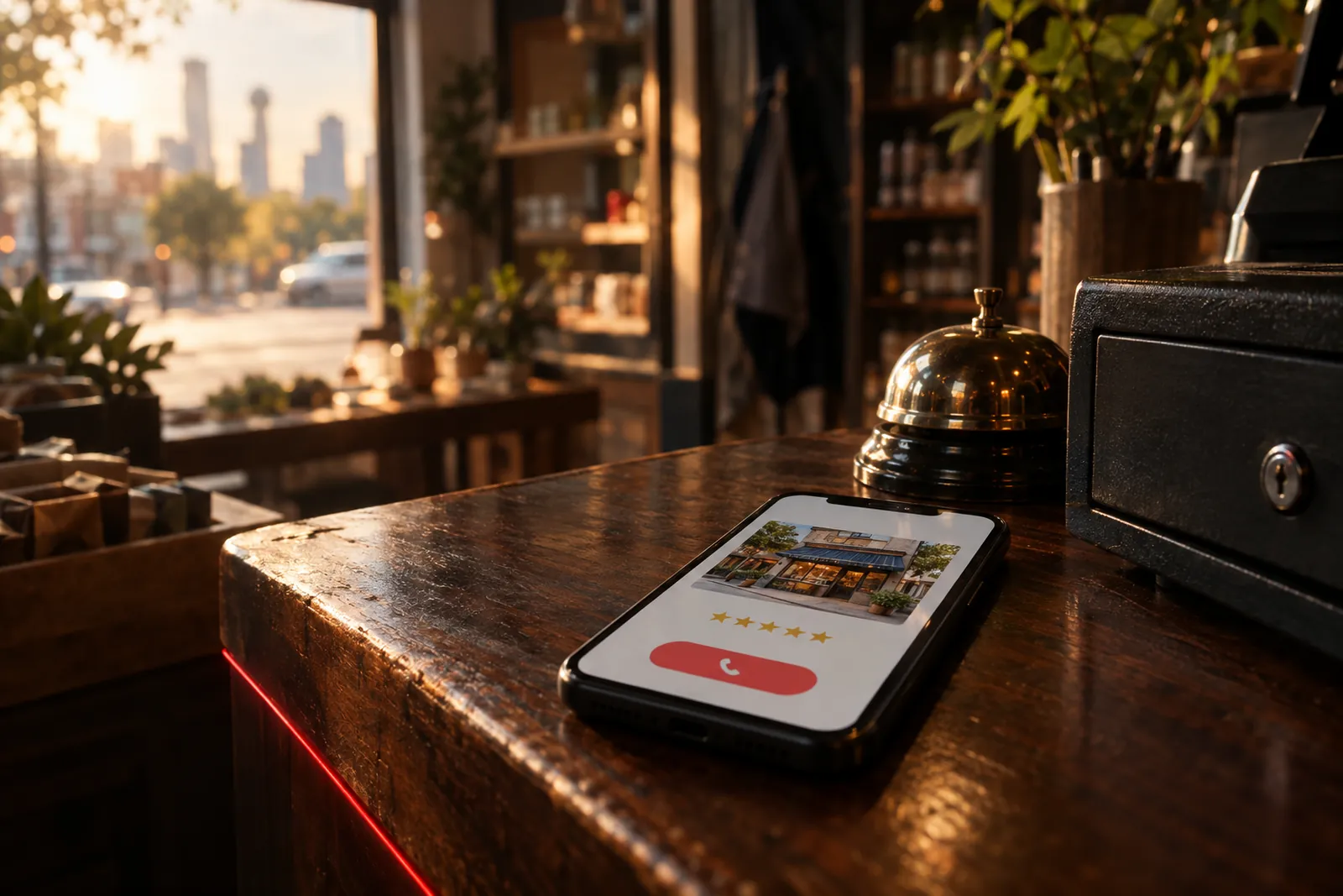 Phone on a shop counter showing a business listing with five stars and a call button