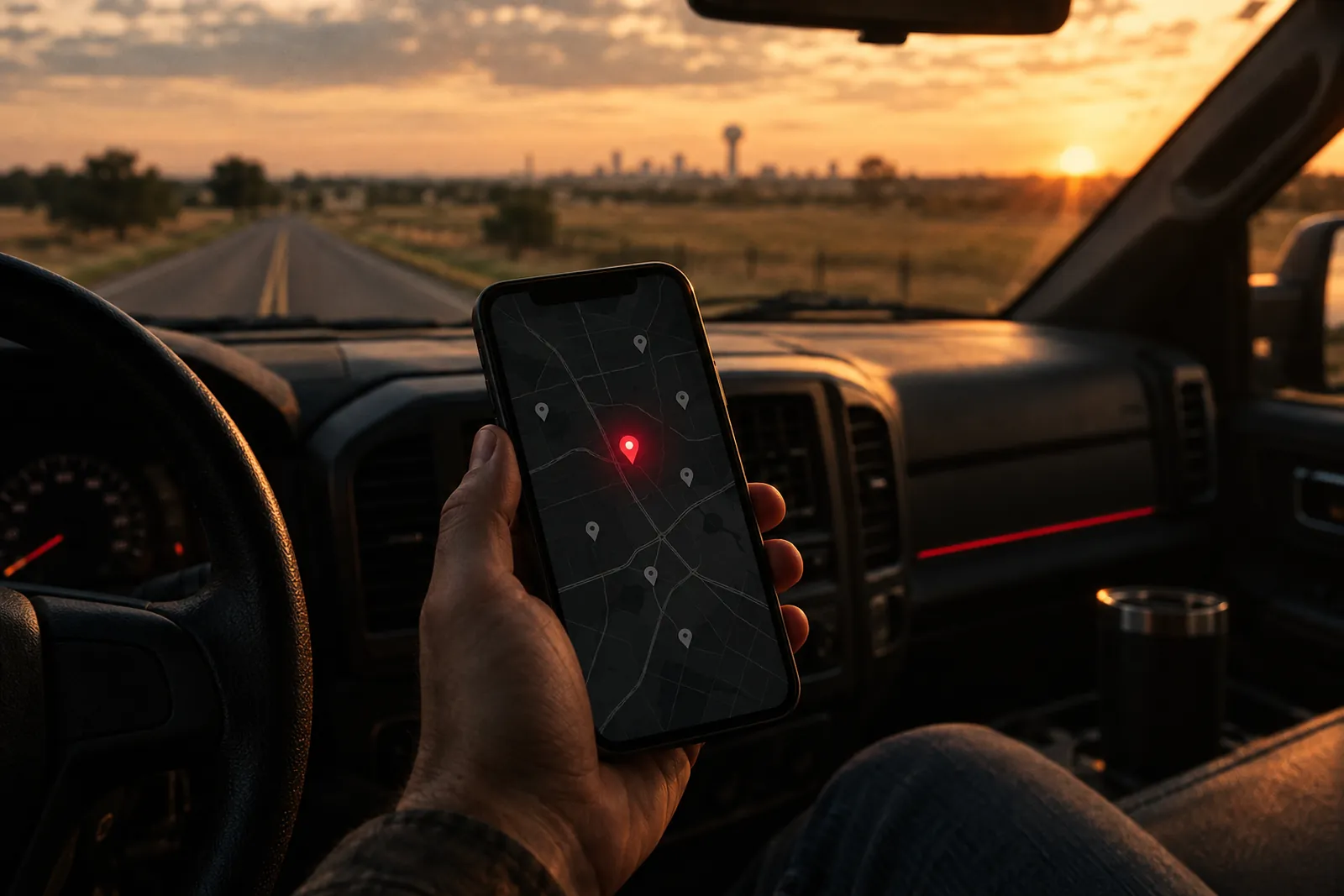 A phone on a truck dashboard showing a map with one pin lit brighter than the rest