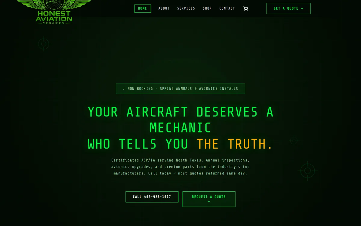 Honest Aviation Services website on desktop